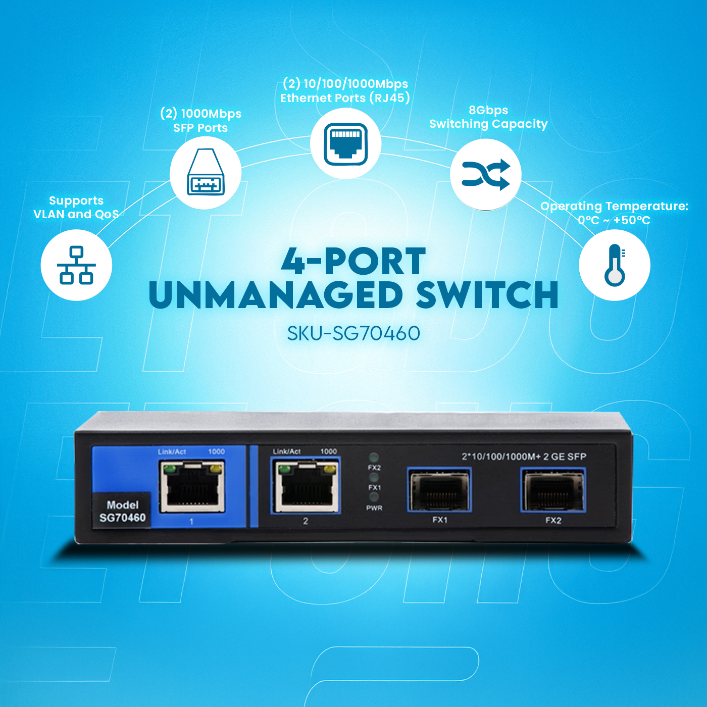 4-Port Unmanaged Switch | 2-RJ45 Ethernet Ports, 2-SFP Fiber Ports