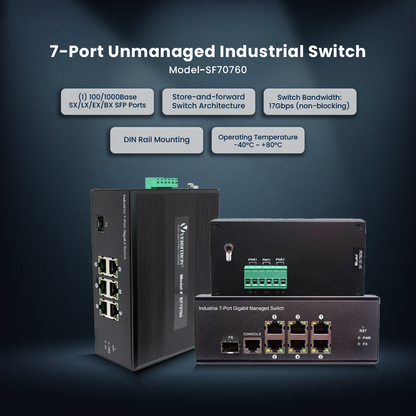 7-Port Unmanaged Industrial Switch, 6-RJ45 Ethernet Ports, 1-SFP Fiber Port