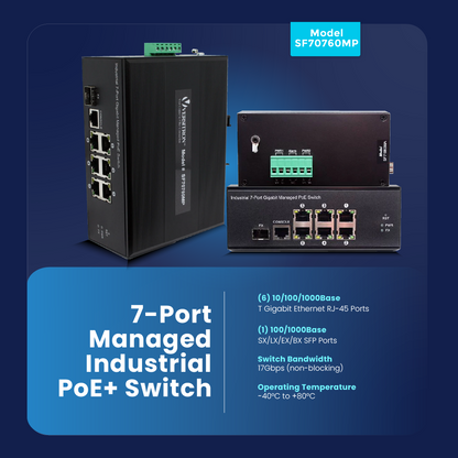 7-Port Managed Industrial PoE+ Switch | 6-RJ45 Ethernet Ports, 1-SFP Fiber Port