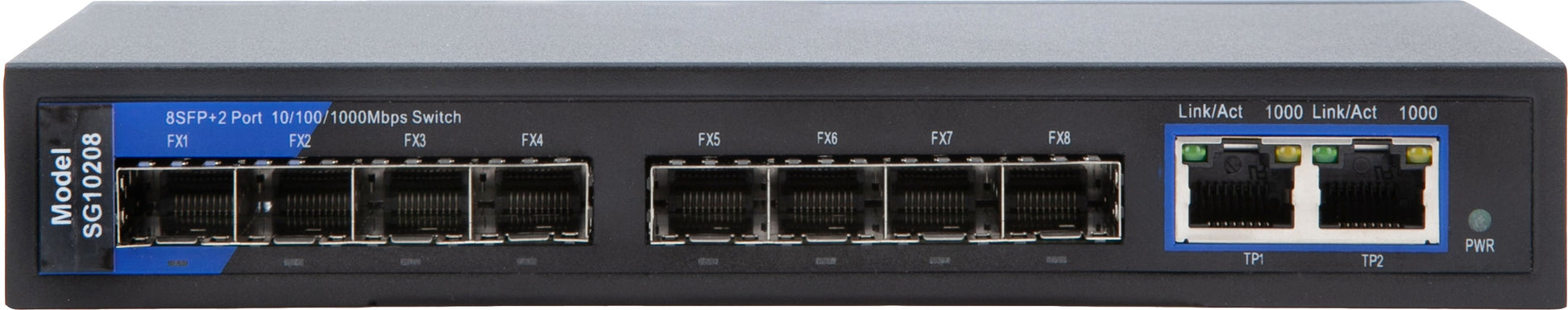 10-Port Unmanaged Switch  2-RJ45 Ethernet Ports, 8-SFP Fiber Ports –  Versitron