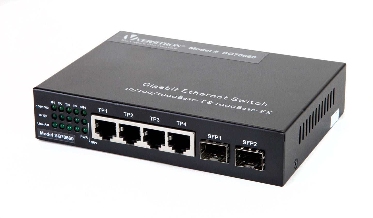 4-Port Unmanaged Switch  2-RJ45 Ethernet Ports, 2-SFP Fiber Ports –  Versitron
