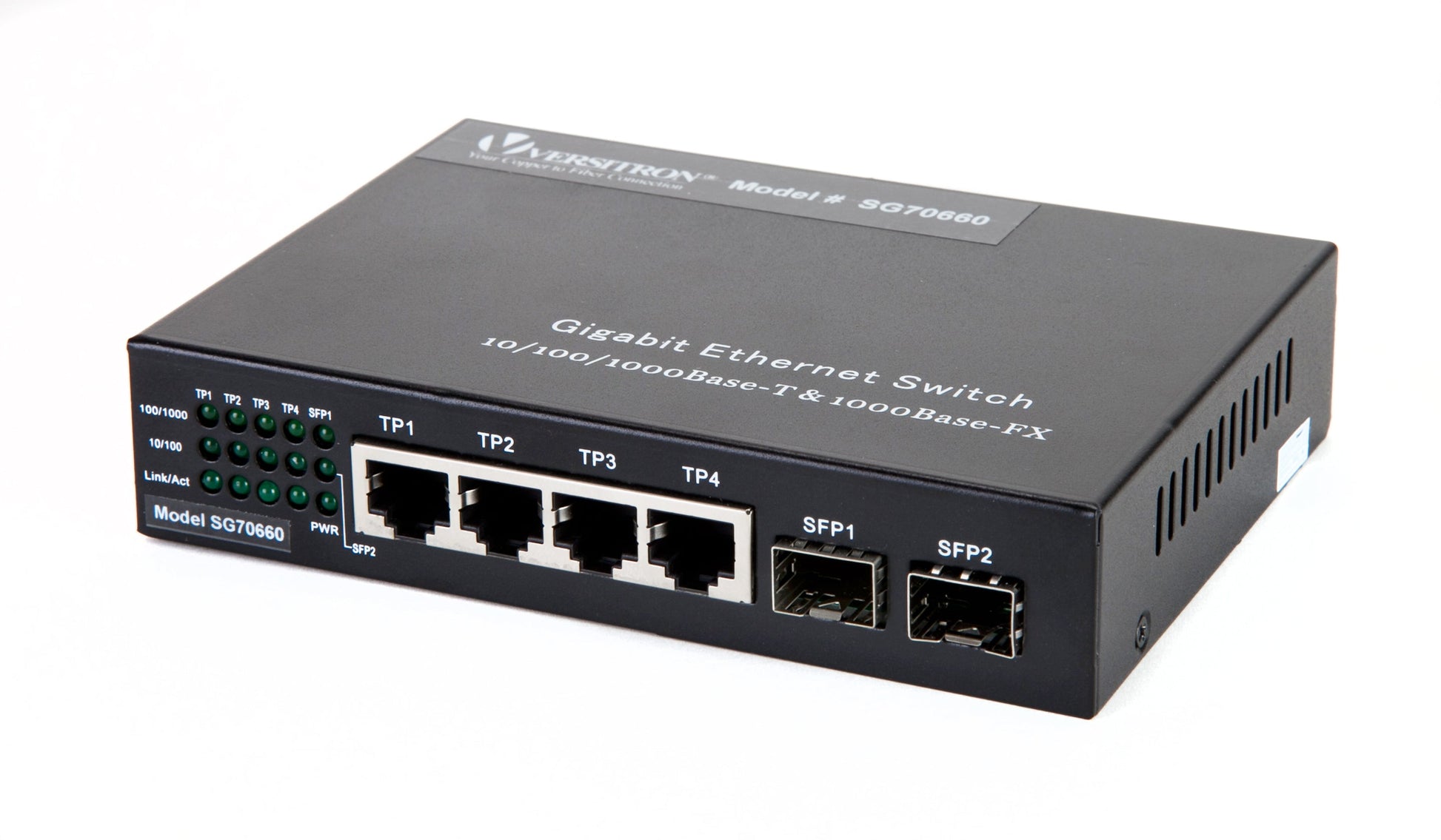 6-Port Unmanaged Switch  4-RJ45 Ethernet Ports, 2-SFP Fiber Ports –  Versitron